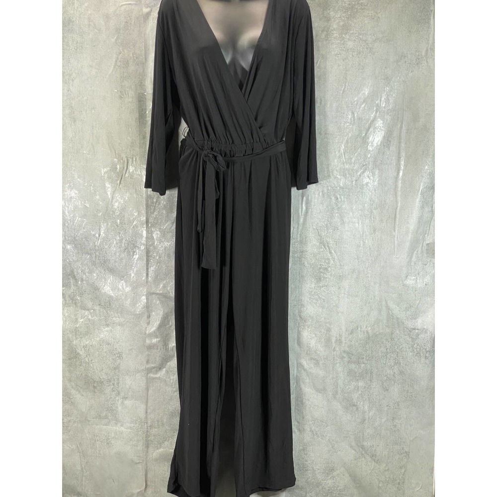 NY Collection Women's Petite Black V-Neck Long-Sleeve Belted Jumpsuit SZ P/XL